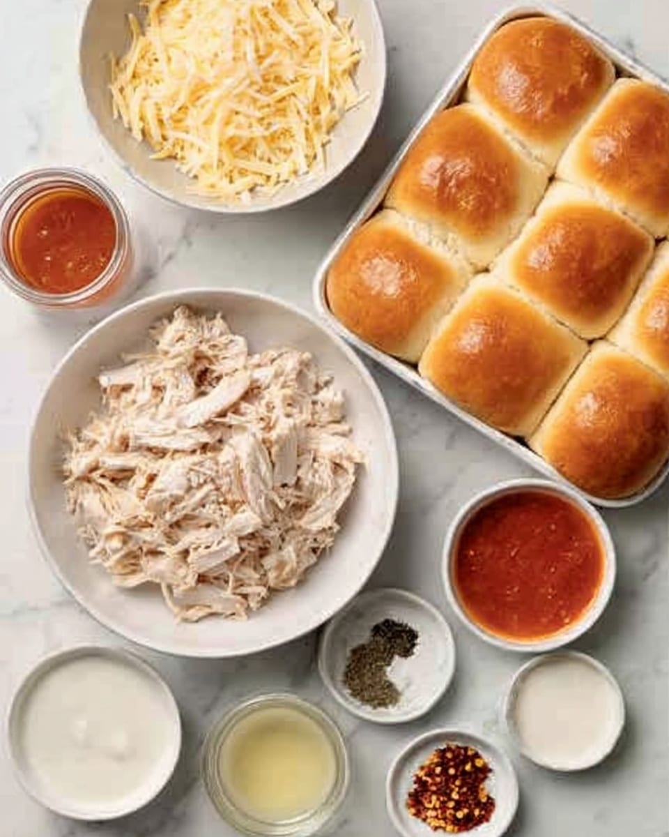 The image shows a white round bowl in the center filled with shredded light brown cooked chicken. Above it, a white bowl contains shredded pale yellow cheese with a soft texture. To the right, a small white bowl has bright red sauce with a smooth look. Other small white bowls with light cream sauce, red chili flakes, and black pepper powder surround them. On the right side, there are two white trays filled with soft, shiny golden brown rolls, each topped with a light shine and separated clearly. The whole setup is on a white marbled surface. Photo taken with an iphone --ar 4:5 --v 7