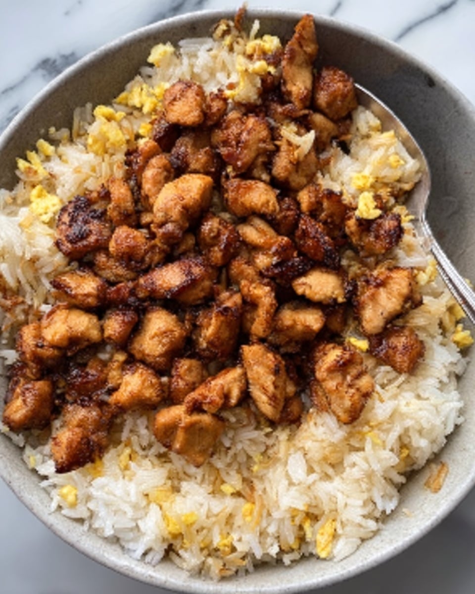 The image shows a close-up of a white bowl filled with a rice dish on a white marbled surface. The bottom layer consists of fluffy white rice mixed with small pieces of scrambled eggs, adding a soft yellow color and light texture. On top of the rice layer, there are many small, dark brown chunks of cooked chicken scattered evenly, giving a crisp and slightly rough texture. The chicken pieces are well browned, with some darker spots showing the cooking process. A silver spoon is seen on the right side of the bowl, slightly inside the food. photo taken with an iphone --ar 4:5 --v 7