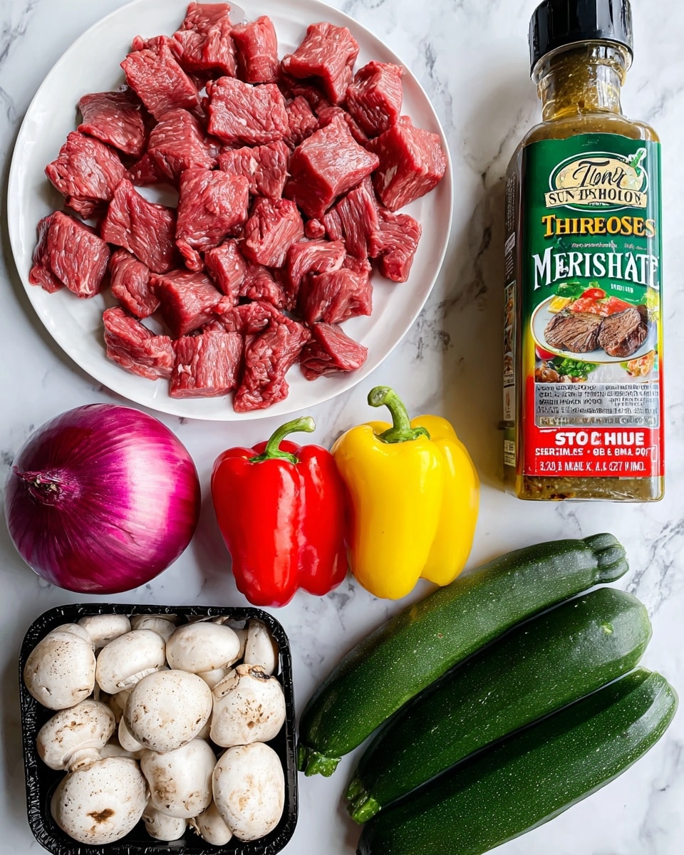 The image shows a top view of several fresh cooking ingredients arranged neatly on a white marbled surface. On the left side, there is a large white plate filled with many small, raw, red beef pieces with a soft, meaty texture. Below it, a fresh red onion with smooth, shiny purple skin. Next to the onion is a black plastic tray filled with whole white mushrooms showing natural spots. Below these, three bell peppers in yellow, green, and red colors lie together, their smooth skins catching light. To the right, two long, smooth, dark green zucchinis are placed side by side. On the right half of the image, a large green bottle of Tony Chachere’s Steakhouse 30 Minute Marinade stands vertically, with detailed colorful label featuring a chef cartoon and grilled steak photo. The whole scene is bright and clear, photo taken with an iphone --ar 4:5 --v 7