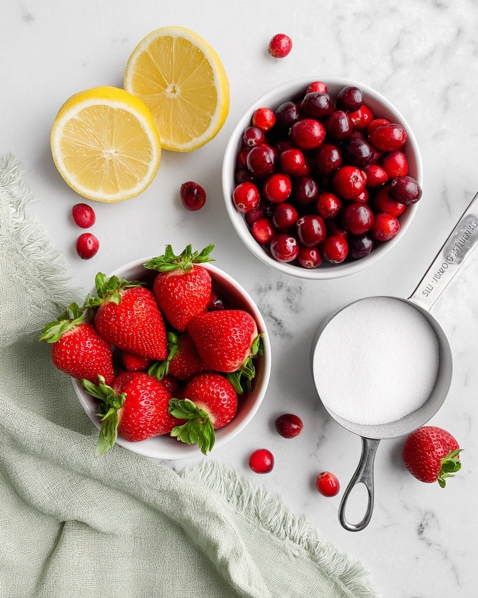 Two bowls with strawberries and cranberries, lemon slices, and a measuring cup of sugar.