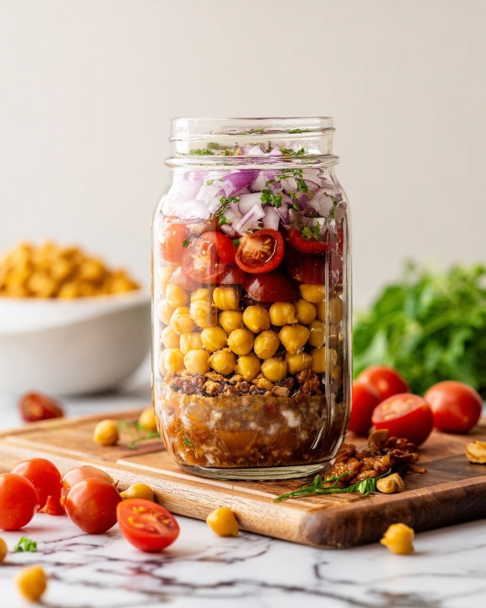A clear glass jar filled with layered salad ingredients (chickpeas, tomatoes, shallots, herbs, pistachios).