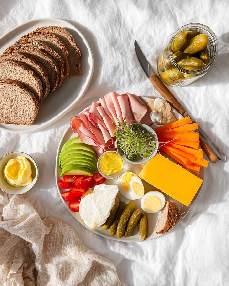 A white plate is full of a colorful mix of food arranged in sections, showing about seven different layers. Starting from the left side, there are soft slices of pink deli meat fanned out, below which are bright red tomato slices and fresh avocado slices in neat rows. Above the meat are whole small pickles clustered near a halved cylindrical sausage laying flat. To the right of the sausage, thinly sliced yellow and orange bell peppers lie alongside a small cup of bright yellow mustard and slices of white boiled egg stacked in a fan shape on either side of the plate. There are also some white onion rings under the mustard and pickles and two slices of yellow cheese topped with a round piece of white soft cheese and green sprigs for garnish near the right edge. Nearby is a white tray holding several slices of brown bread, a small dish of yellow butter, and a wooden knife. Above the tray is a glass jar filled with more small pickles. Everything is on a white marbled surface, and a cream-colored cloth is casually placed near the plate. Photo taken with an iphone --ar 4:5 --v 7