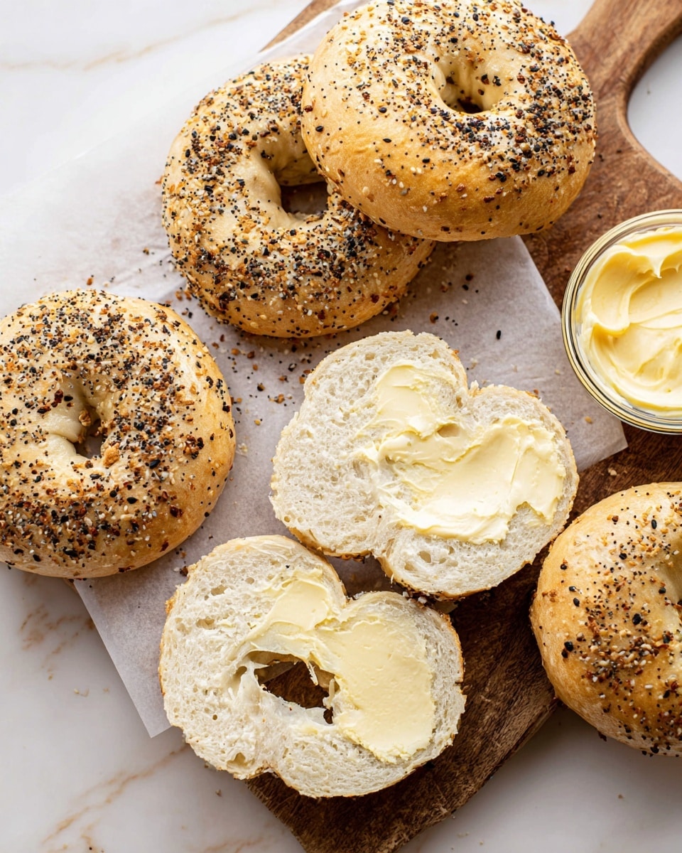 The image shows five bagels on a white marbled surface with a wooden board underneath some of them. Three whole bagels have a golden brown color with a rough texture, topped with black and white seeds and spices. Two bagels are sliced open and placed on the wooden board; one is plain showing a soft, airy white inside, while the other has a smooth, creamy light yellow spread evenly covering the entire surface. To the right is a small round glass container with the same light yellow spread. photo taken with an iphone --ar 4:5 --v 7