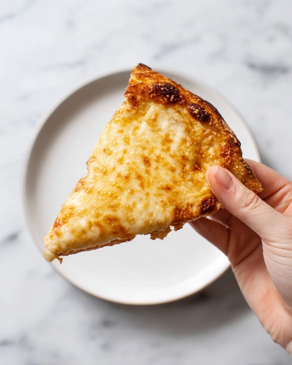 A woman's hand is holding a single slice of pizza with a golden-brown cooked cheese topping. The cheese covers the entire flat surface and looks slightly bubbly with some crispy edges. The crust is thin and lightly browned at the bottom. The background is a white marbled surface, and under the slice, there is a plain white plate with no other food on it. Photo taken with an iphone --ar 4:5 --v 7