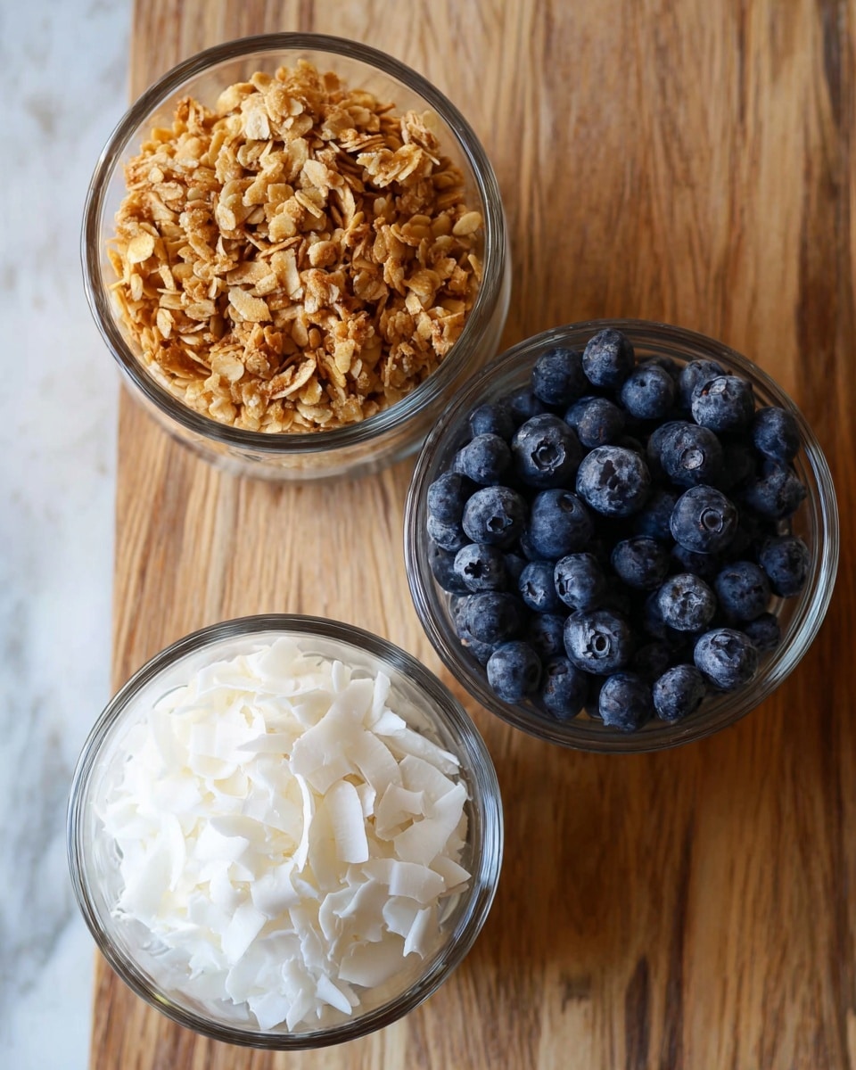 The image shows three clear glass bowls filled with different ingredients, placed on a light brown wooden surface. The top right bowl is filled with dark blue blueberries, showing a fresh and round texture. The top left bowl contains light brown granola with a crunchy and rough texture. The bottom bowl is filled with white shredded coconut, displaying a soft and flaky texture. Each bowl is simple and transparent, highlighting the colors and textures of the ingredients inside, all placed against a white marbled texture. photo taken with an iphone --ar 4:5 --v 7