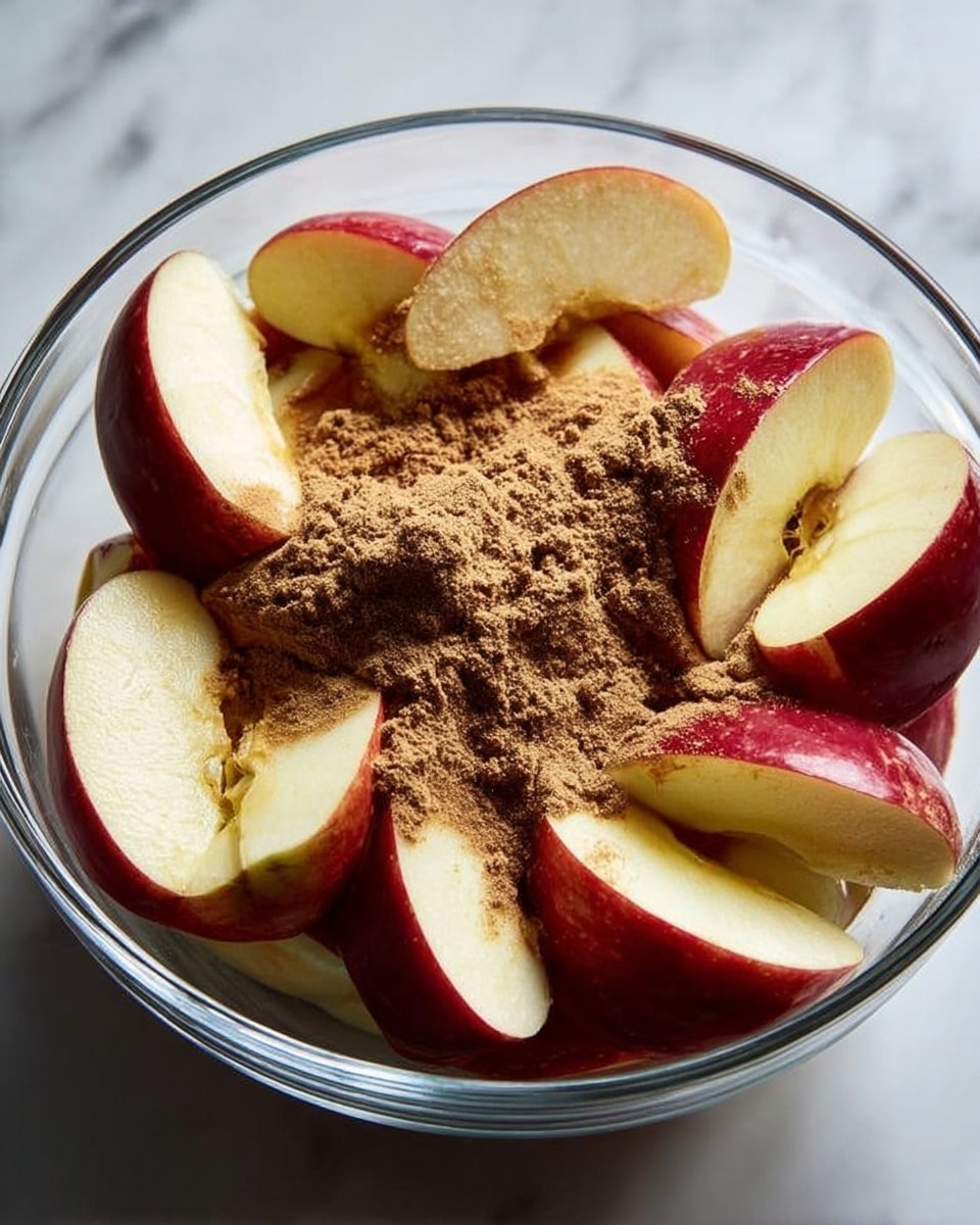 A clear glass bowl filled with several thick slices of red apple with white flesh, arranged loosely and topped with a generous mound of finely ground brown cinnamon and light tan sugar. The bowl sits on a white marbled surface, creating a clean and bright background. The colors are warm with the deep red apple skin contrasting with the light dusting of cinnamon and sugar powders. photo taken with an iphone --ar 4:5 --v 7