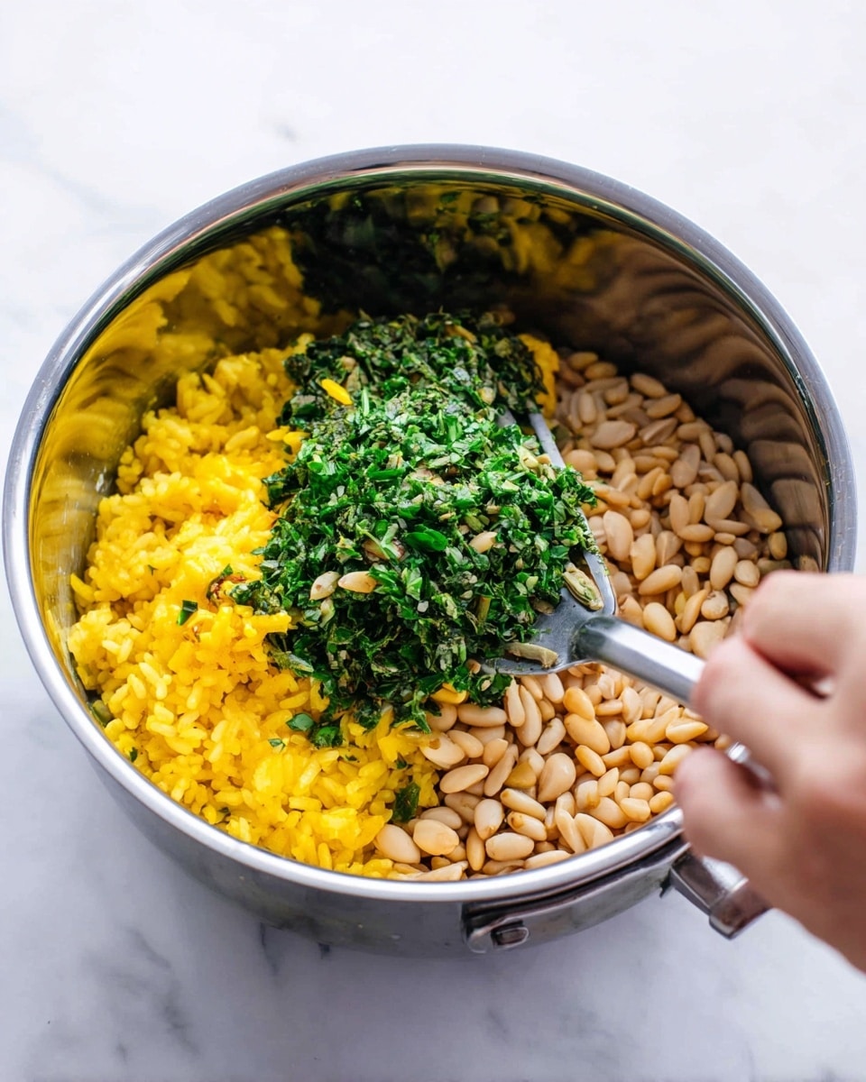 A close-up view of a shiny silver pot with three main layers inside: bright yellow rice on the left, a thick pile of finely chopped dark green herbs in the middle, and a heap of light brown pine nuts on the right. A woman's hand is holding a metal spatula inside the pot, mixing the ingredients. The pot sits on a white marbled surface, creating a clean and bright setting. photo taken with an iphone --ar 4:5 --v 7