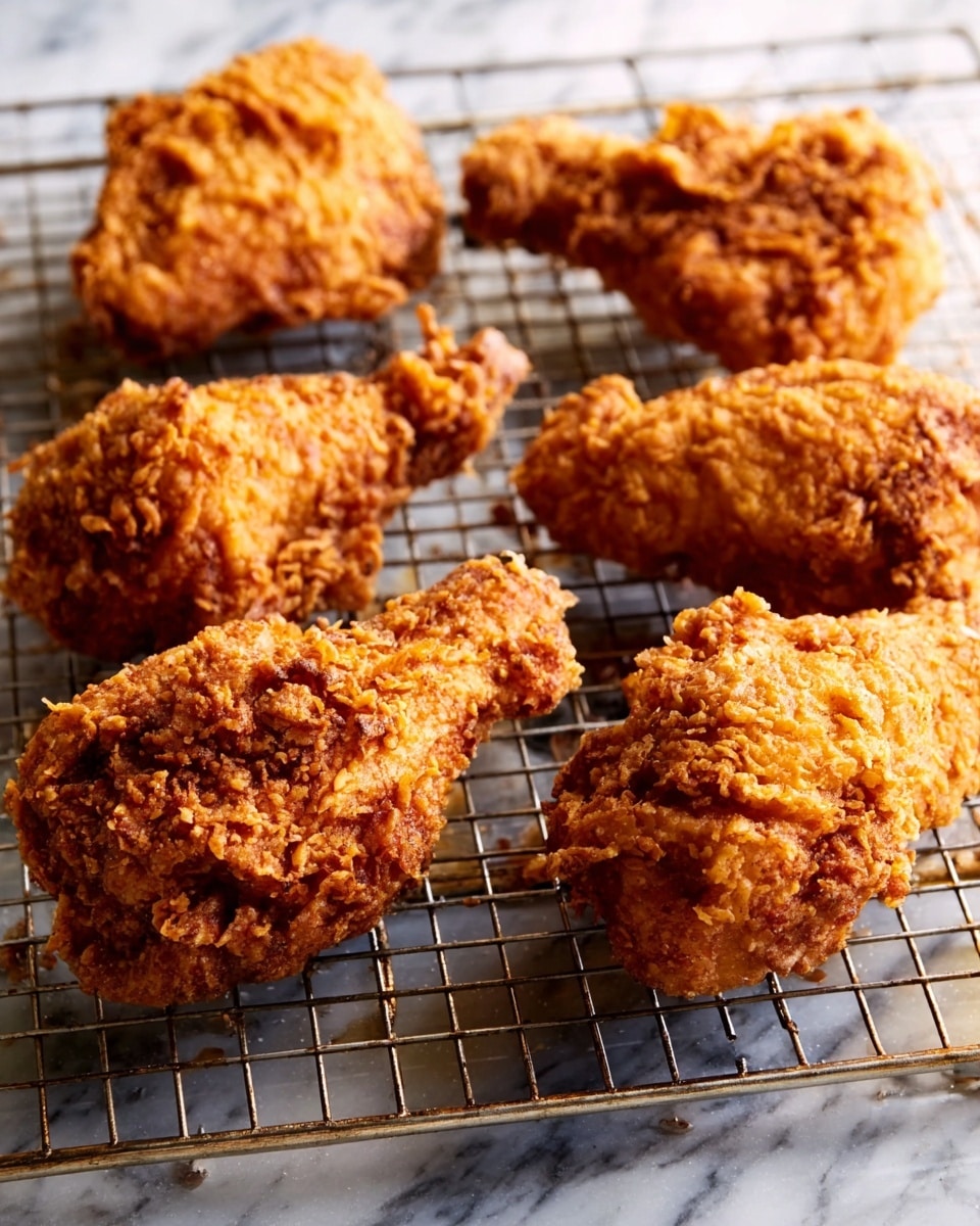 A close-up view of six crispy fried chicken pieces placed on a metal cooling rack. Each piece has a thick, crunchy, golden brown coating with a textured, rough surface showing small bumps and cracks. The pieces are spread out randomly on the rack with visible shadows underneath, and the background is a white marbled surface. photo taken with an iphone --ar 4:5 --v 7
