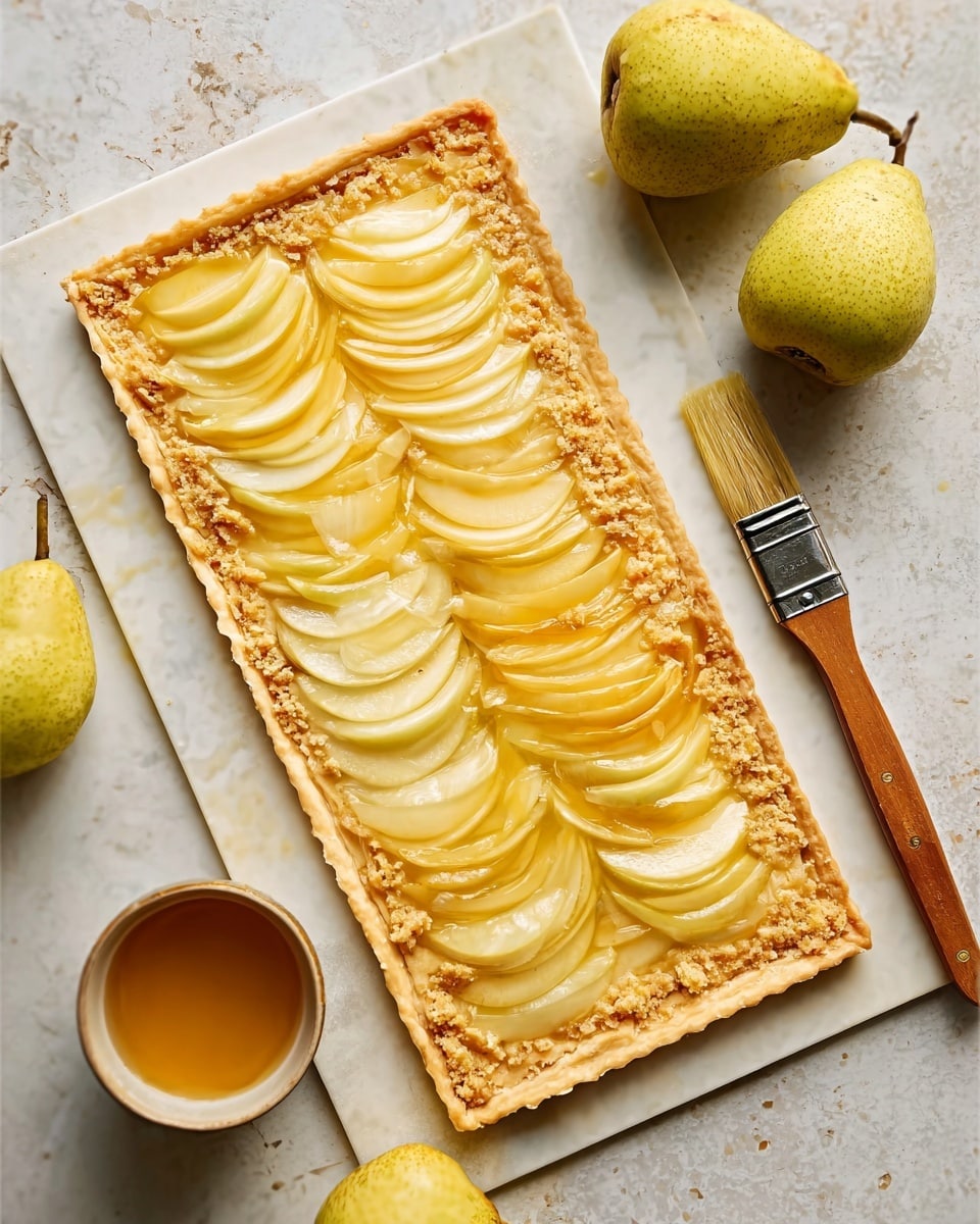 The image shows a rectangular tart on a white marbled surface. The tart has a thin, golden crust topped with a few layers of pale yellow, slightly shiny slices of fruit arranged in neat rows, with a textured layer underneath that looks crumbly and light brown. On the left side, the slices are slightly overlapping in an even, curved pattern, and on the right side, the slices are more stacked and swirled. There is a small brush with wooden handle and soft light brown bristles resting beside the tart. Nearby are two light yellow pears and a small cup of light amber liquid. The scene is bright and natural. Photo taken with an iphone --ar 4:5 --v 7