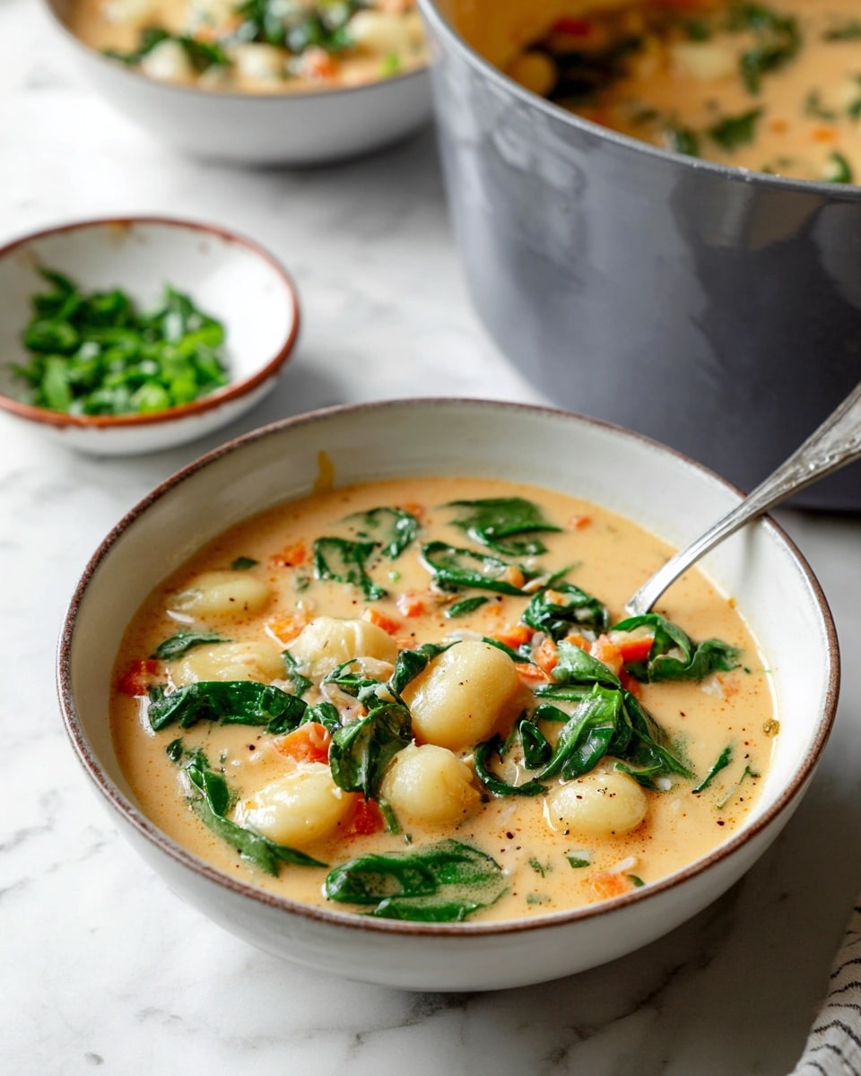 A white bowl filled with creamy soup that has soft, small potato dumplings, bright green spinach leaves both whole and shredded, and small pieces of orange carrots scattered throughout. The soup’s broth is pale orange and slightly thick, showing a smooth texture with some herbs or spices floating on top. Behind the bowl is a large grey pot with more soup, and in the background, there is a small white bowl with soup and a small brown-rimmed white dish holding chopped green herbs on a white marbled surface. A silver spoon rests inside the bowl. photo taken with an iphone --ar 4:5 --v 7