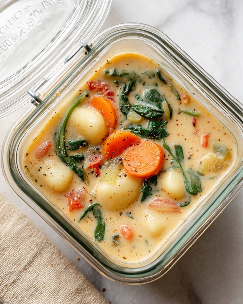 A close-up of a clear glass container with a clear lid slightly open, showing creamy soup inside. The soup has soft off-white gnocchi, orange carrot chunks, green spinach leaves, and small pieces of celery and tomato, all mixed in a light creamy broth with specks of seasoning. The container rests on a white marbled surface with a beige cloth nearby. Photo taken with an iphone --ar 4:5 --v 7
