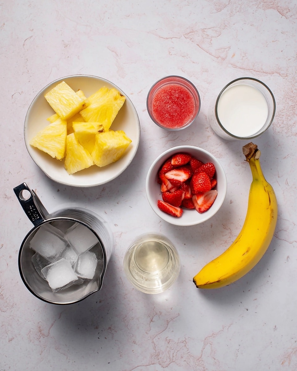 The image shows ingredients laid out on a white marbled surface. There is one small white bowl with yellow pineapple slices, another small white bowl filled with pieces of red strawberries, a metal measuring cup holding ice cubes, a black measuring cup filled with white coconut milk, two small clear glasses with a clear liquid, another small clear glass with a light yellow liquid, and a whole yellow banana placed on the right side. All items are spaced evenly and well-lit. photo taken with an iphone --ar 4:5 --v 7