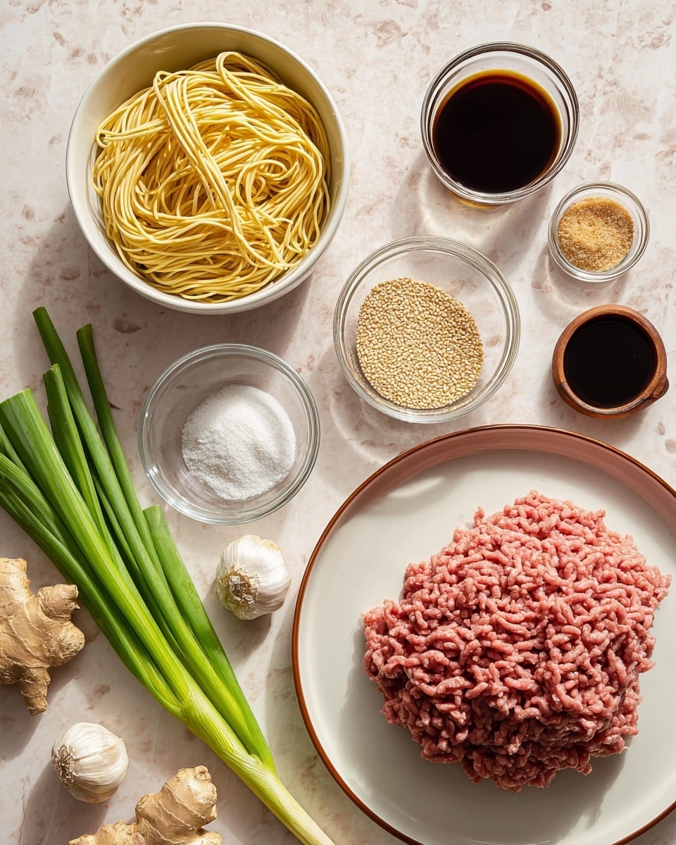 The image shows a variety of cooking ingredients arranged on a white marbled surface. There is a white bowl filled with thin yellow noodles in the center left. To the right, on a white plate with a brown edge, is a mound of pink ground meat. Around these main items are small bowls and containers holding different ingredients: light brown sugar in a clear bowl, white starch powder in a small wooden bowl, a dark soy sauce in a glass bowl, a small bowl with toasted sesame seeds, and another bowl with a thick dark sauce. A bundle of green onions is placed diagonally in the bottom left, with a bulb of garlic and a piece of fresh ginger nearby. The lighting is natural and bright, highlighting the textures of each ingredient. photo taken with an iphone --ar 4:5 --v 7