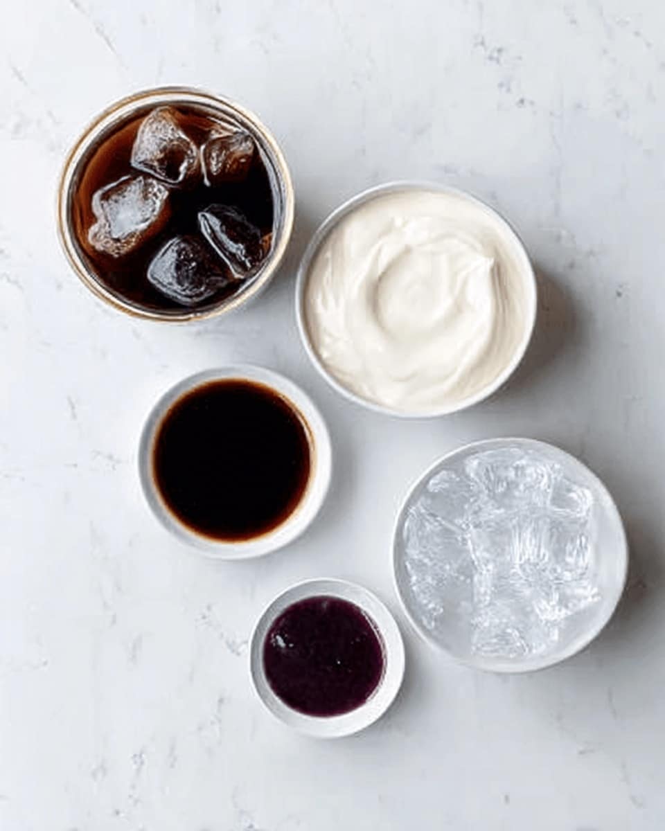 The image shows five white dishes placed on a white marbled surface. In the top left, there is a white bowl filled with dark brown iced coffee with ice cubes visible. To the right, a white bowl contains smooth, plain yogurt with a creamy texture. Below the iced coffee, a small white dish holds a thick dark brown liquid, resembling coffee syrup. To its right, a small white bowl has a dark purple liquid with a glossy look. At the bottom right, a white bowl is full of clear ice cubes, looking cold and shiny. The bowls are evenly spaced, creating a clean and simple layout. photo taken with an iphone --ar 4:5 --v 7
