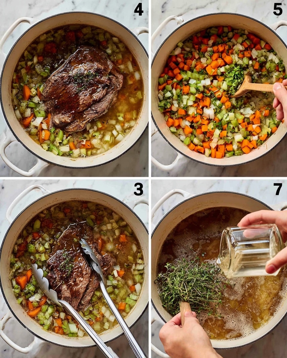 The image shows four close-up cooking steps inside a white pot on a white marbled surface. The first frame has a dark brown, seared piece of meat being held by silver tongs at the bottom. The second frame shows a colorful mix of chopped vegetables including orange carrots, green celery, and white onions being stirred with a wooden spoon by a woman's hand. The third frame captures the same vegetables with clear liquid being poured in from a small glass jug held by a woman's hand. The last frame features the browned meat returned to the pot in a bubbling liquid along with the vegetables, and a woman's hand holding fresh green herbs above the pot ready to add them. Photo taken with an iphone --ar 4:5 --v 7