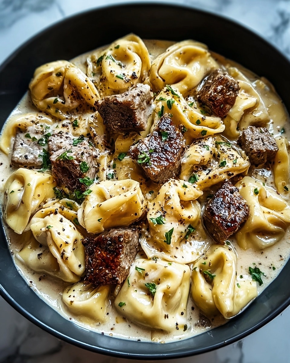 The image shows a white bowl filled with a creamy dish made of two main layers. The base layer is light beige tortellini pasta, each piece folded and smooth with soft curves, lightly coated in a thick cream sauce. On top and mixed in are small chunks of brown grilled meat, with a seared texture and some char marks. The cream sauce has specks of black pepper and chopped green herbs sprinkled throughout. The dish looks rich and glossy with the sauce holding the pasta and meat together. The bowl is placed on a white marbled surface. photo taken with an iphone --ar 4:5 --v 7