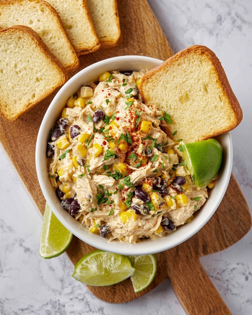 A white bowl is filled with a creamy mix that has shredded light beige chicken, yellow corn kernels, black beans, and small red and green bits, all topped with green chopped herbs and a sprinkle of red spice. A fresh green lime wedge rests on the side inside the bowl. A white toast slice in the bowl's mix holds a scoop of the creamy mix. The bowl sits on a wooden board with three more white toast slices and two lime wedges on the white marbled surface. Photo taken with an iphone --ar 4:5 --v 7