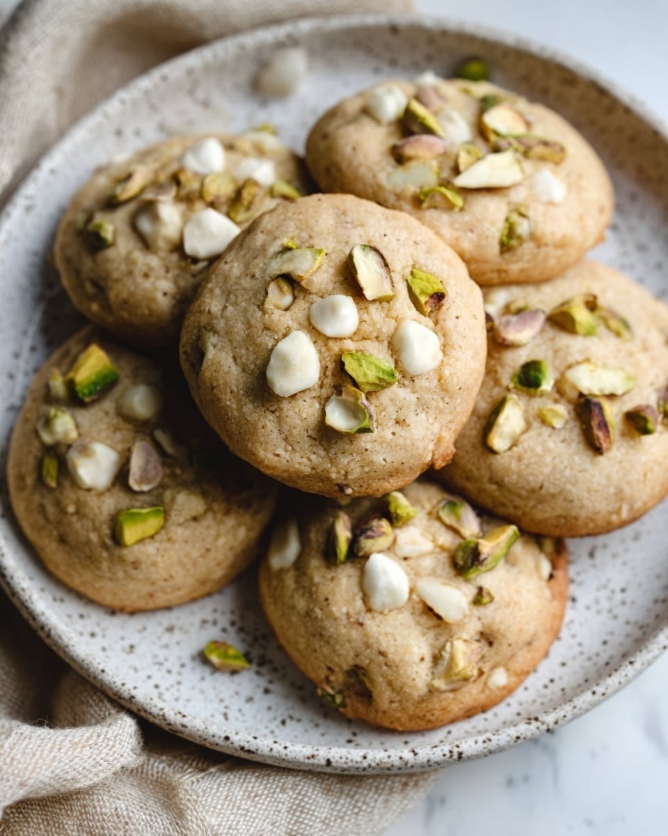 The image shows a group of soft-looking cookies placed closely together on a white speckled plate. Each cookie is thick and round with a light brown color and is topped with small pieces of white nuts and pale green pistachios scattered across their surface, adding a bit of texture. The plate sits on a white marbled surface with a soft beige cloth partially visible underneath, creating a cozy and warm feeling. Photo taken with an iphone --ar 4:5 --v 7