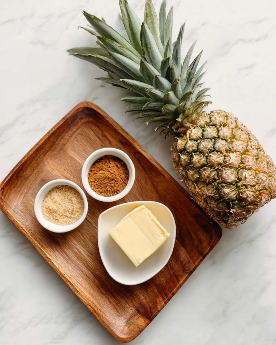A wooden tray is placed on a white marbled surface. On the tray, there are three small white bowls arranged in a triangular shape: one bowl holds a small amount of cinnamon powder, the second bowl contains light brown sugar, and the third bowl has a pale yellow block of butter. Next to the tray lies a whole ripe pineapple with a rough, spiky green and brown skin and green leaves on top. The overall colors are warm and natural. photo taken with an iphone --ar 4:5 --v 7