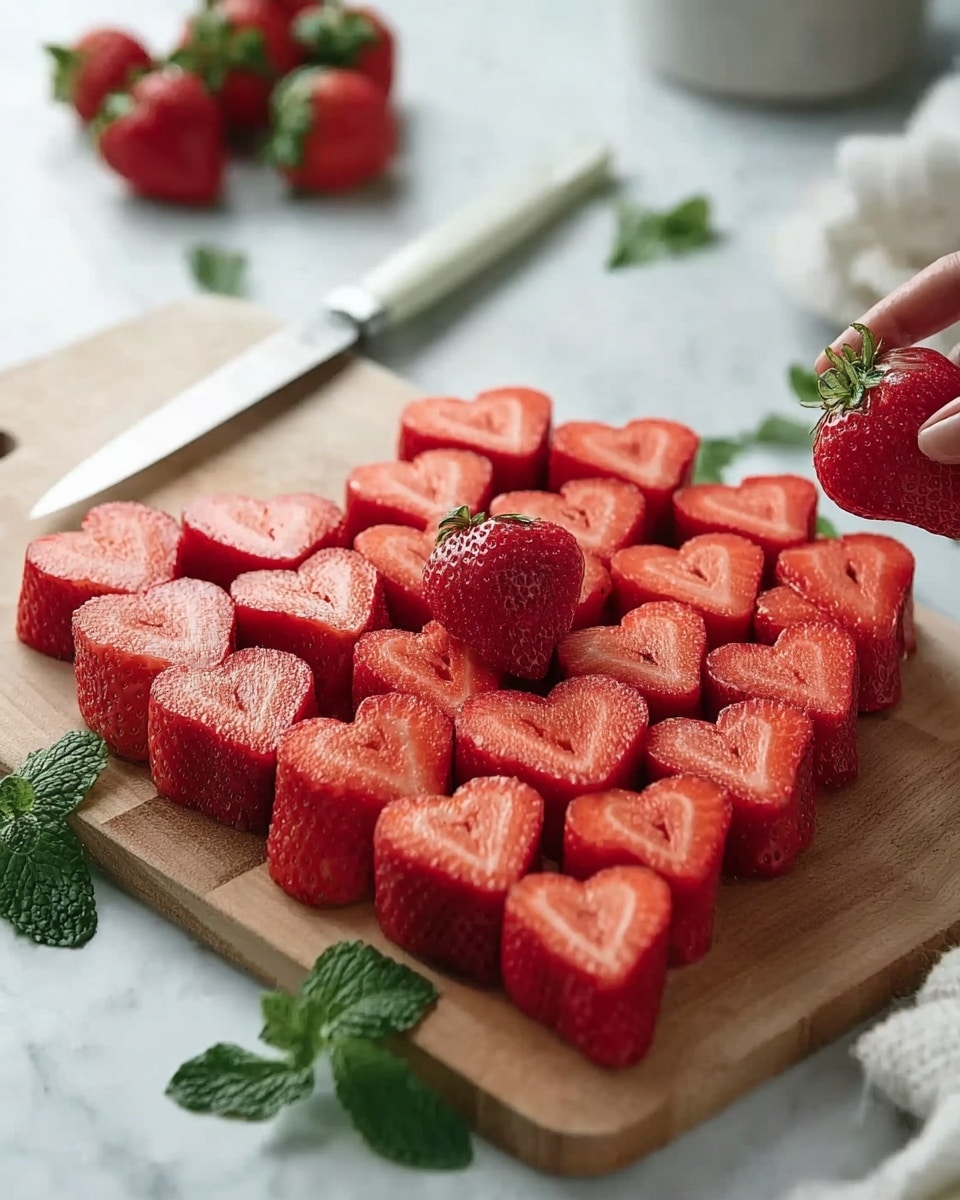 A wooden board filled with many heart-shaped bright red strawberry slices neatly arranged in several layers covering the surface, some whole strawberries with green leaves rest in the background on a white marbled texture, next to a knife with a white handle and some fresh green mint leaves scattered near the edges. A woman's hand is gently holding one whole strawberry at the top, giving a fresh and sweet feeling. photo taken with an iphone --ar 4:5 --v 7