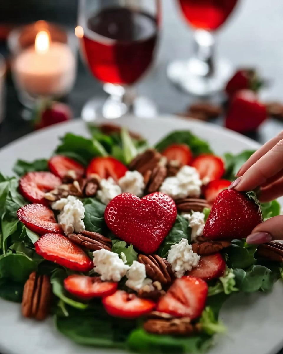 The image shows a white plate filled with a salad placed on a white marble surface. The salad has a base layer of fresh green leaves, topped with sliced strawberries layered around the plate. On top of the strawberries, there are whole pecans scattered evenly. Dollops of white cheese are placed on the salad, adding contrast to the green and red colors. Two strawberries cut in a heart shape are placed near the center of the plate. In the blurry background, there are two glasses filled with a red drink, and a small candle with a flame adds a warm light to the scene. A woman's hand is seen gently placing a strawberry on the salad. Photo taken with an iphone --ar 4:5 --v 7