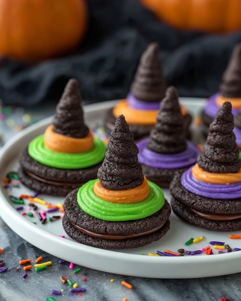 The image shows a white plate with several chocolate cookies decorated to look like witch hats, each cookie has a dark chocolate base with colorful buttercream icing (green, orange, or purple) piped on top and an unwrapped Hershey’s Kiss placed at the center to resemble a pointed hat. The plate sits on a white marbled surface with multicolored sprinkles scattered around. The background is blurred with a pumpkin and dark fabric visible. Photo taken with an iPhone.