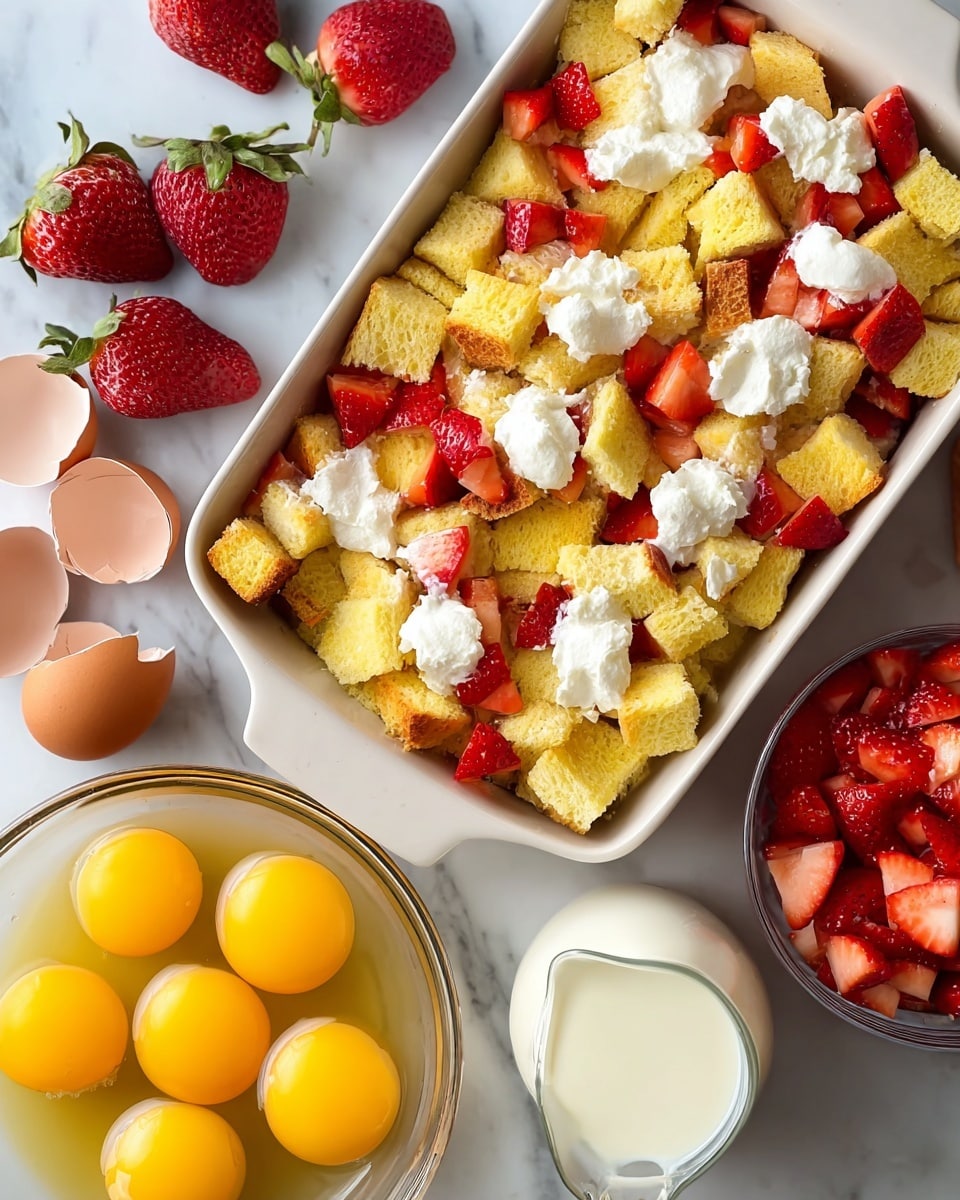 The image shows a white baking dish filled with roughly three layers: the bottom layer consists of yellow soft bread cubes, the middle layer is scattered with bright red chopped strawberries, and the top layer has small dollops of white cream spread unevenly. To the left of the dish, there are whole fresh strawberries on the white marbled surface. Below the dish, there is a clear bowl with twelve raw eggs displaying vibrant yellow yolks sitting in the egg whites. Next to it, broken brown eggshells lie open on the surface. To the right, a glass bowl holds chopped red strawberries, and part of a glass jug filled with white milk is visible. The setting is arranged on a white marbled background. photo taken with an iphone --ar 4:5 --v 7