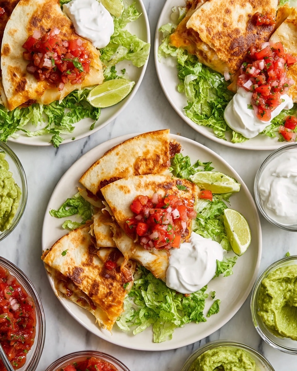The image shows three white plates on a white marbled surface. Each plate has two layers of golden brown quesadilla wedges filled with melted cheese, placed on a bed of chopped green lettuce. On top of the quesadillas, there is a generous spoon of fresh red tomato salsa with bits of red onion and herbs. There are dollops of white sour cream on the quesadillas and dollops of green guacamole next to them on the lettuce. Lime wedges are placed next to the quesadillas for extra color. Around the plates, there are clear bowls with guacamole, tomato salsa, and sour cream. Photo taken with an iphone --ar 4:5 --v 7