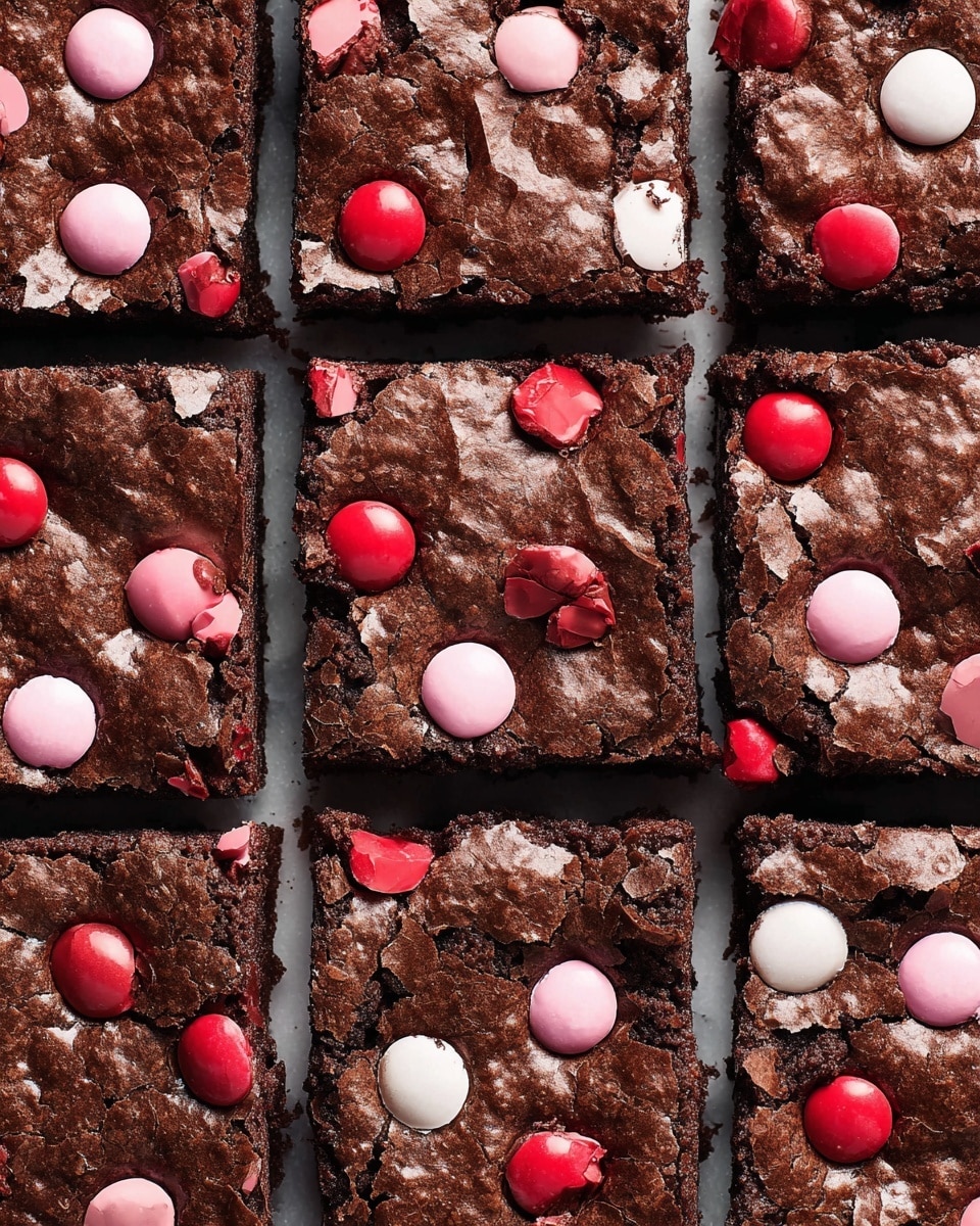 A top-down view of nine square brownies arranged closely together, each with a dark brown, cracked surface showing a rich chocolate texture. Scattered on top are round candy pieces in three colors: red, light pink, and white, with some candies cracked on the surface. The brownie edges appear slightly rough and moist, creating a dense and chewy look, set against a white marbled background. photo taken with an iphone --ar 4:5 --v 7