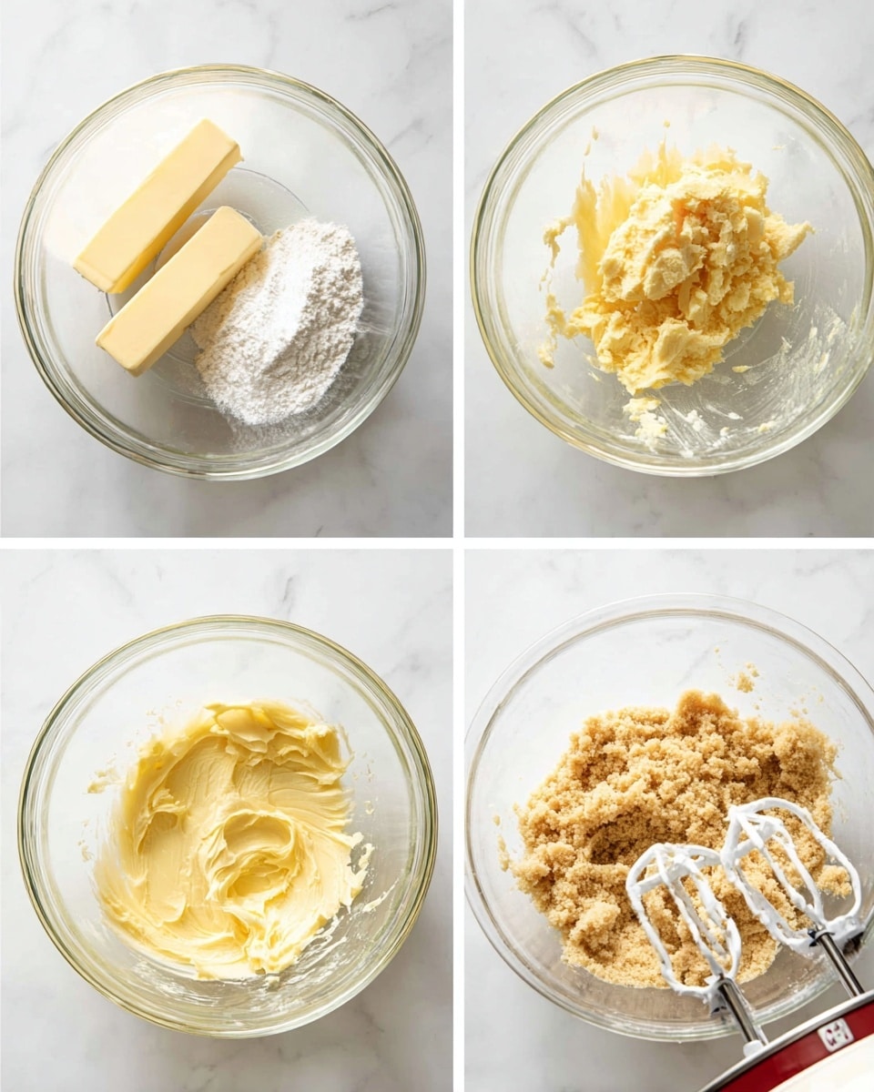 Four images show stages of mixing ingredients in a clear glass bowl on a white marbled surface. The first image has two sticks of pale yellow butter and white powdered sugar on top. The second image shows the butter and sugar whipped together into a smooth yellow cream with a few darker vanilla spots. The third image is similar with the vanilla added, showing a richer creamy texture. The last image shows a crumbly light brown dough inside the bowl with a white electric mixer partly visible, its metal beaters coated lightly in dough. photo taken with an iphone --ar 4:5 --v 7