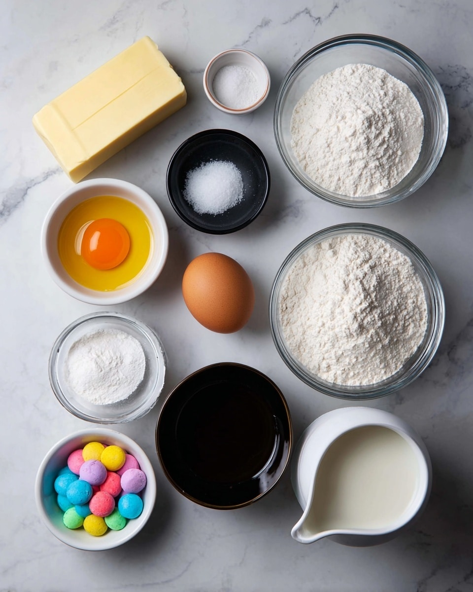 The image shows a top view of various baking ingredients arranged on a white marbled surface. There is a rectangular block of butter at the top left, followed by a small black bowl of granulated white sugar near the top center. To the right, a white bowl holds white powdery flour, and below it, a glass bowl with a larger quantity of flour or similar ingredient. Near the center left, a white bowl contains a raw egg yolk, and below it, another white bowl holds a whole brown egg. Moving downward, a small white bowl contains a white powder, possibly baking powder or baking soda, and next to it, a small white bowl is filled with colorful pastel round candies. Near the bottom right, a white pitcher contains milk, and near the center, a small black bowl has another white powder, likely sugar or salt. In the middle, a dark cup holds a clear brown liquid, likely vanilla extract. All items are neatly placed without overlap. Photo taken with an iphone --ar 4:5 --v 7