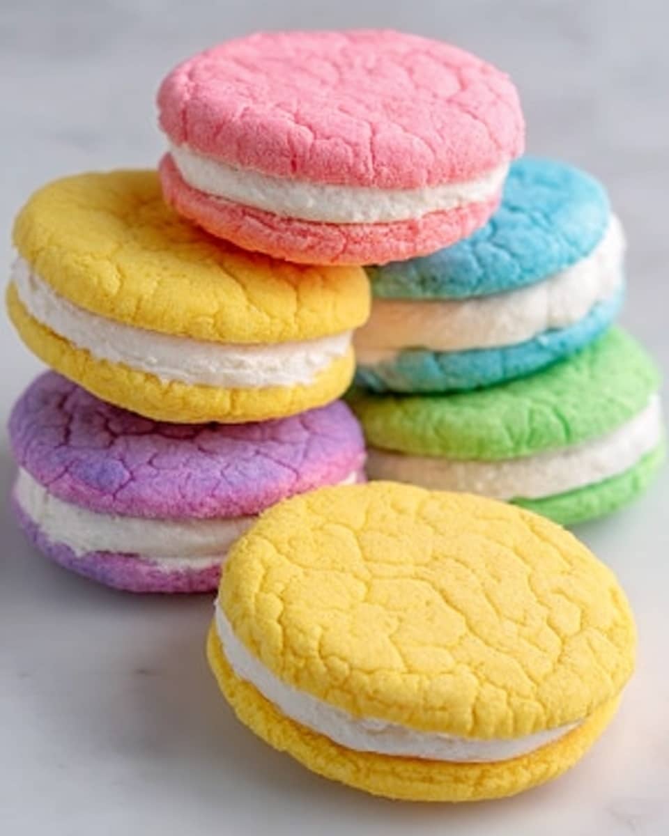 The image shows five colorful sandwich cookies arranged on a white marbled surface. Each cookie has two round soft-looking layers with a cracked texture, resembling a soft biscuit. The cookies come in bright colors: yellow, pink, purple, green, and blue. Between each pair of cookie layers, there is a thick layer of white cream filling. The cookies are stacked neatly in a slight diagonal line, with the yellow cookie in the front and the blue cookie at the back. The overall look is soft, smooth, and colorful, highlighting the contrast between the vibrant cookie shells and creamy white filling. Photo taken with an iphone --ar 4:5 --v 7