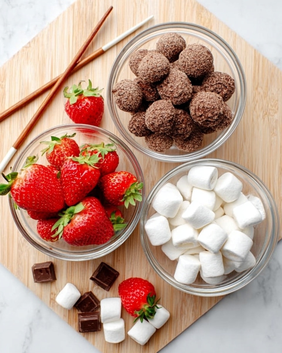 A white marbled surface holds three clear glass bowls arranged close together. The left bowl is filled with bright red strawberries with green leaves, the top bowl contains many small round chocolate pieces with a rough texture, and the bottom bowl is full of white soft marshmallows, with a few marshmallows and a single chocolate piece scattered nearby. A pair of wooden chopsticks rests on the surface near the bowls. The scene is bright and colorful, showcasing the contrast between the red, brown, and white items. Photo taken with an iphone --ar 4:5 --v 7