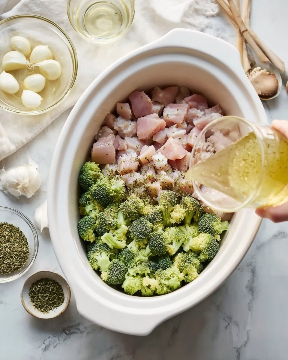 A white slow cooker is filled with two main layers side by side inside: on the right, bright green broccoli florets with textured, bumpy surfaces, and on the left, pale pink raw chicken pieces in small cubed shapes. A sprinkle of dried herbs is evenly spread over both broccoli and chicken. A woman's hand is pouring a light yellow, slightly transparent sauce with visible small black specks from a small clear glass bowl onto the chicken. Surrounding the slow cooker, there are various clear glass containers with ingredients, including garlic cloves, dried herbs, and a small bowl with a bay leaf and white granules, all set on a white marbled textured surface. Photo taken with an iphone --ar 4:5 --v 7