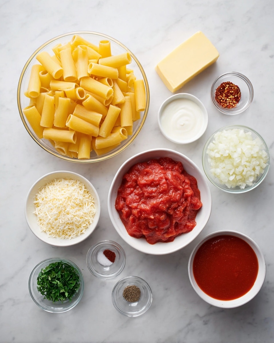 A bright display of cooking ingredients arranged on a white marbled surface, featuring a large clear bowl filled with short, yellow rigatoni pasta tubes with ridges, a large white bowl holding chunky red crushed tomatoes, and another large white bowl of smooth tomato sauce with a rich red color. There is a medium clear bowl filled with finely chopped white onions, a small white bowl containing a light yellow block of butter, a small white bowl with finely grated pale yellow cheese, and a tiny white bowl with chopped fresh green herbs. Surrounding these are three small clear dishes with fine salt, ground black pepper, and red chili flakes, plus a clear glass bowl with creamy off-white heavy cream. The scene is clean, well-lit, and organized with all elements distinct and colorful, photo taken with an iphone --ar 4:5 --v 7