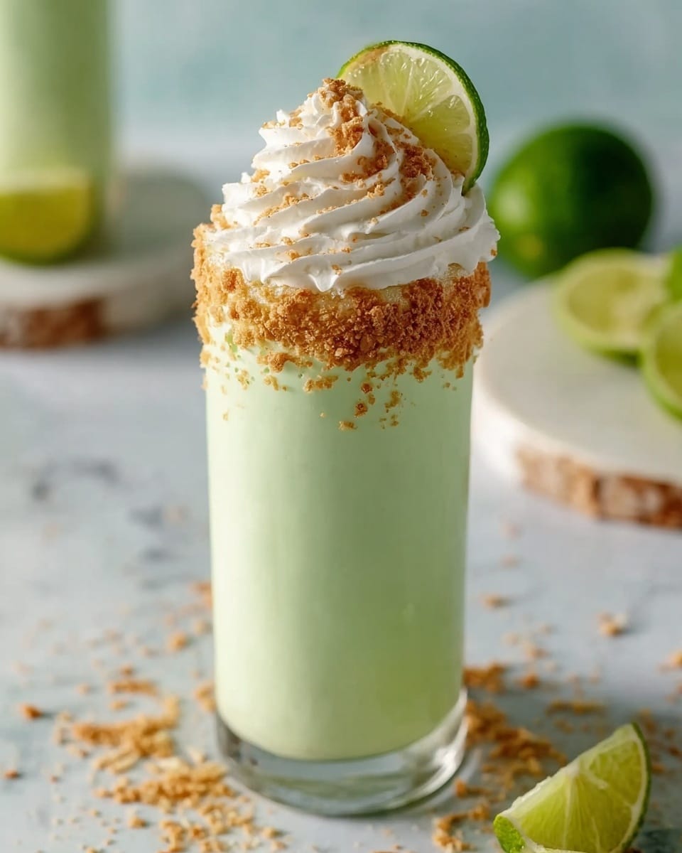 A tall clear glass filled with pale green creamy drink, topped with a large swirl of white whipped cream sprinkled with light brown crumbs. The glass rim is coated with toasted light brown crumbs. A bright green lime slice is placed on the rim of the glass toward the back. The glass sits on a white marbled surface with scattered crumbs and lime halves around it. In the background, there is a blurred green lime on a white marbled base. Photo taken with an iphone --ar 4:5 --v 7