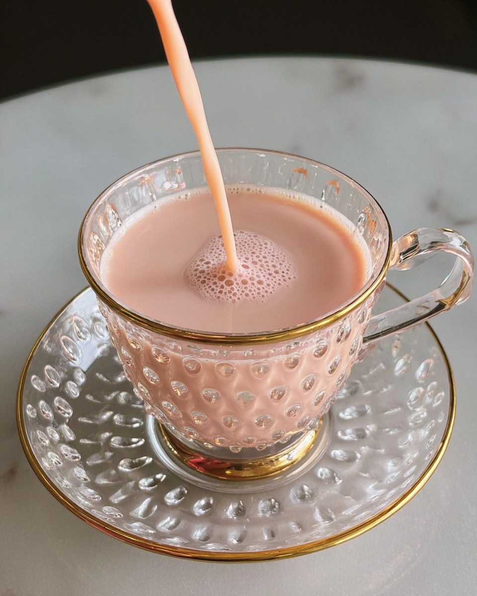 A clear glass cup with gold rims around the top and the saucer is filled nearly to the top with light pink creamy liquid. The cup has a textured pattern with round shapes and small bumps on the outside. A thin stream of the same pink liquid is being poured into the cup, creating small bubbles on the surface. The saucer under the cup matches the design with clear glass and a gold rim. The cup and saucer sit on a smooth white marbled surface. photo taken with an iphone --ar 4:5 --v 7