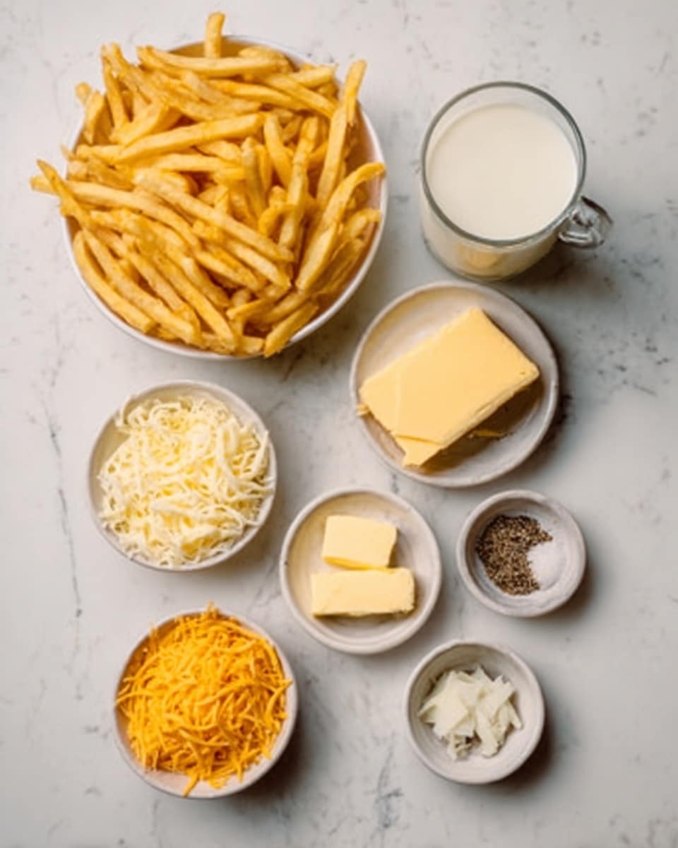 The image shows a white bowl full of golden yellow fries placed at the top left of a white marbled surface with several small white bowls around it. These smaller bowls hold different ingredients: one has shredded orange cheese, another filled with shredded white cheese, a third with small chunks of butter, and two contain fine white and black spices. There is also a clear cup filled with white milk. The items are arranged neatly, each bowl with a different texture and soft, natural lighting highlighting the warm colors of the food. photo taken with an iphone --ar 4:5 --v 7