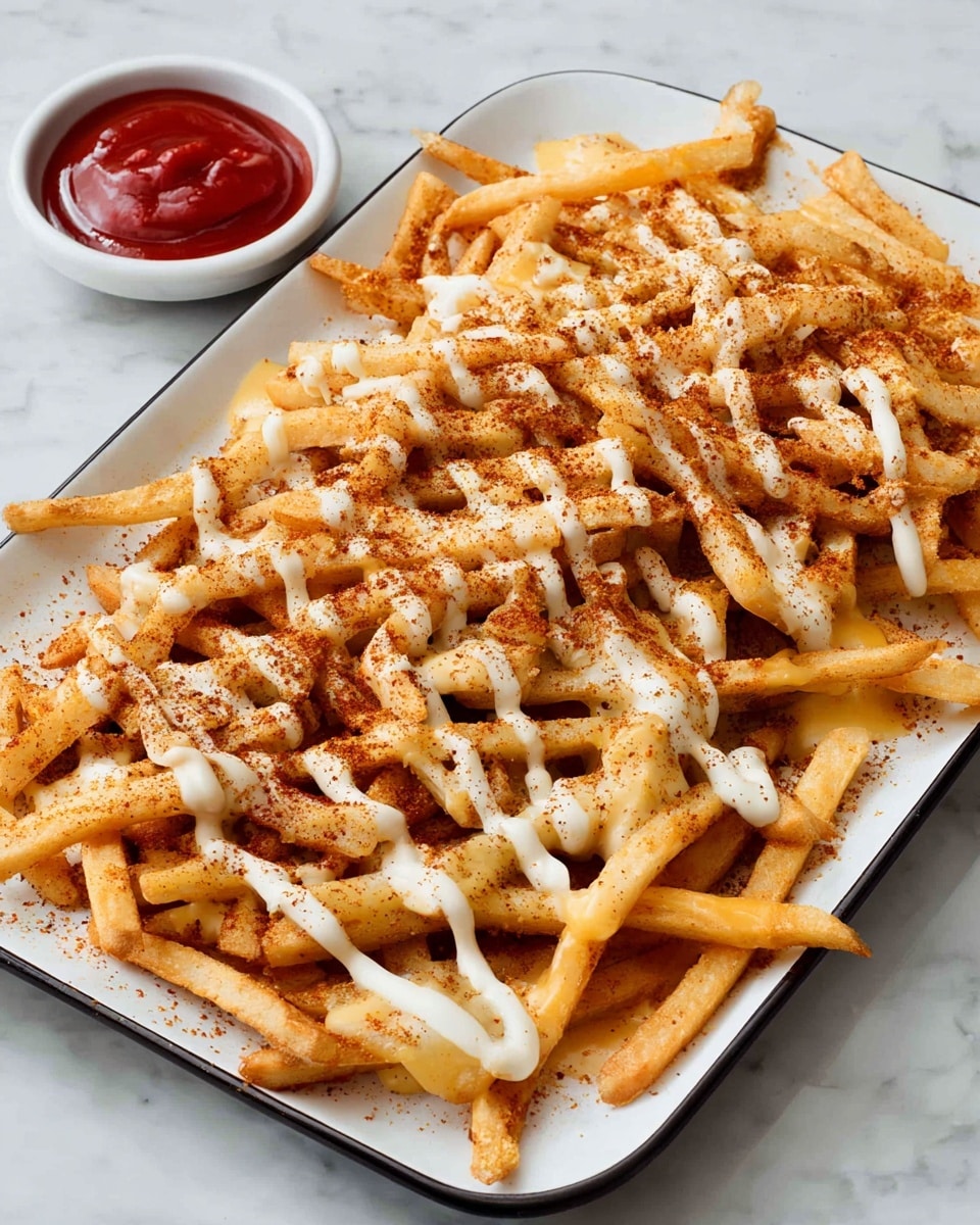 A white rectangular tray is filled with a large pile of thin golden french fries, lightly dusted with a reddish seasoning powder. On top of the fries, there are two sauces drizzled: one is a creamy white sauce applied in thin, uneven lines, and the other is a melted pale yellow cheese sauce spread unevenly over the fries. On the top left corner of the tray, there is a small white round bowl filled with thick red ketchup. The tray is placed on a white marbled surface. photo taken with an iphone --ar 4:5 --v 7
