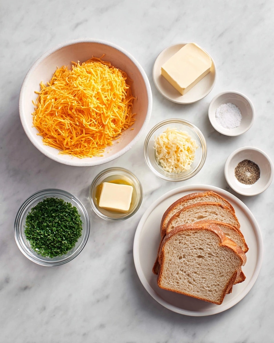 The image shows ingredients placed neatly on a white marbled surface. On the left, a large white bowl is filled with bright orange shredded cheese. Below it, a smaller white bowl holds green chopped herbs. In the center, there are two small clear glass bowls, one with a square block of pale yellow butter and the other with finely grated light yellow garlic. Above these, two small speckled white bowls contain coarse salt and ground black pepper. On the right, a white plate is stacked with four slices of light brown bread, showing a soft texture and light crust. Photo taken with an iphone --ar 4:5 --v 7
