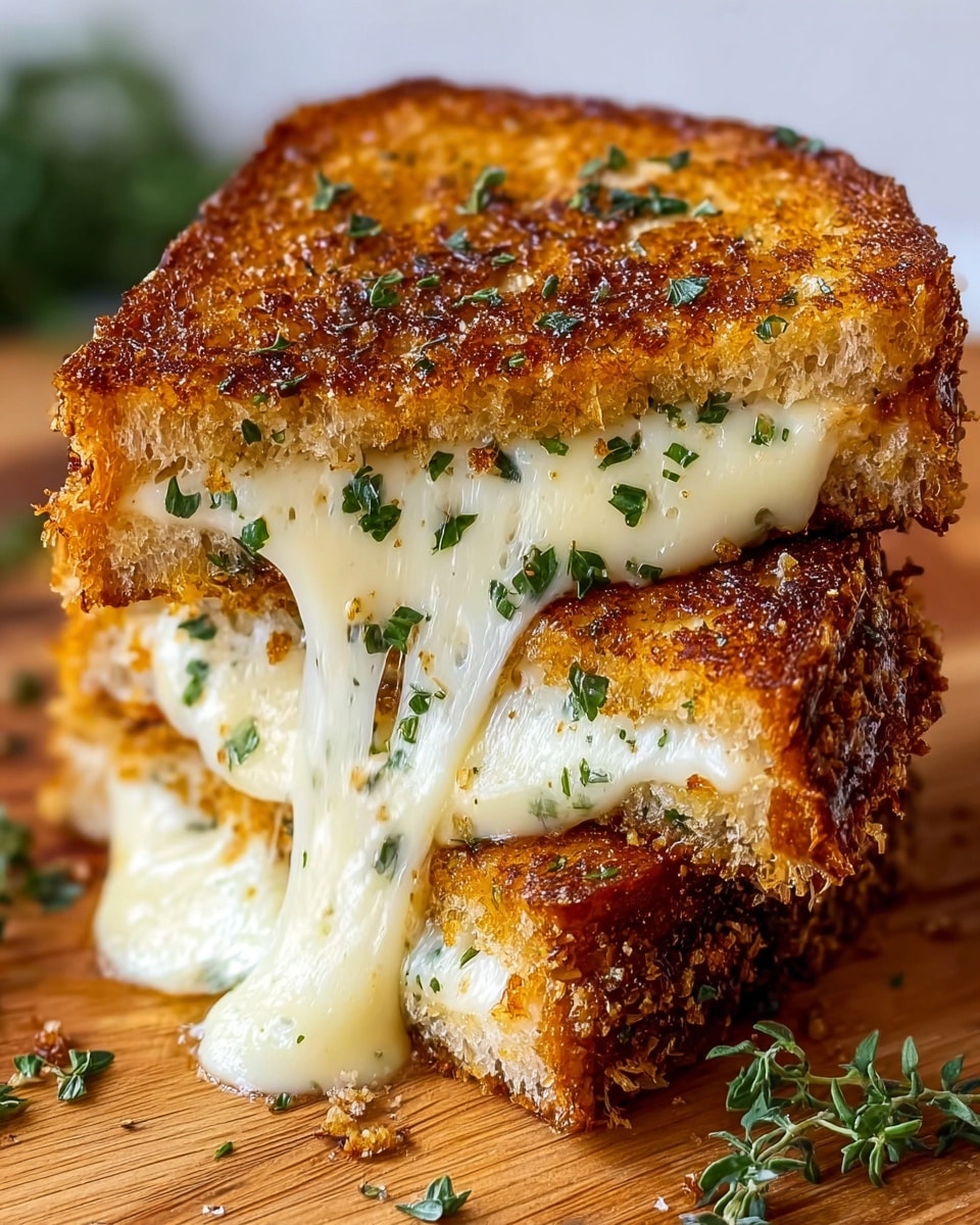 A close-up of a grilled cheese sandwich cut into two thick square pieces stacked on top of each other, showing three layers of soft, slightly toasted bread that is crunchy and golden brown on the outside, with bubbling, melted white cheese stretching and oozing out between each layer. The top of the sandwich is sprinkled with small green herb bits, adding a touch of color and texture, and the sandwich sits on a light wooden board with scattered herbs around it. The background is a white marbled texture photo taken with an iphone --ar 4:5 --v 7