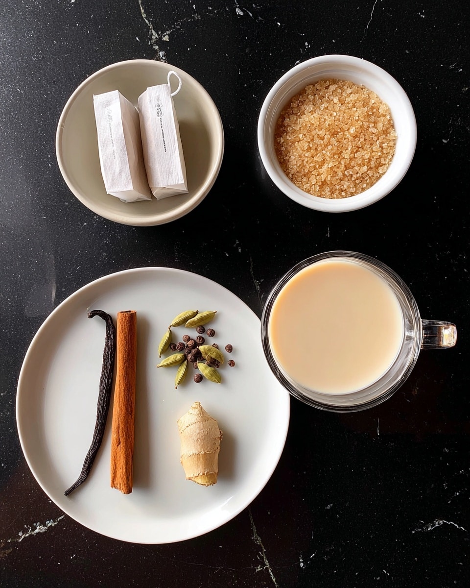 The image shows four containers arranged vertically on a black surface with a white marbled texture. At the top left, a small white bowl holds three tea bags, showing their beige paper texture. To the right, a small white ceramic ramekin contains light brown sugar crystals with a coarse texture. Below, a white plate is neatly arranged with whole spices: light green cardamom pods, dark brown cloves, a round cinnamon stick, a long dark vanilla bean, and a piece of pale beige ginger root, each with clear texture and color contrast. At the bottom, a clear glass cup filled with pale creamy liquid sits with a visible handle on the right. photo taken with an iphone --ar 4:5 --v 7