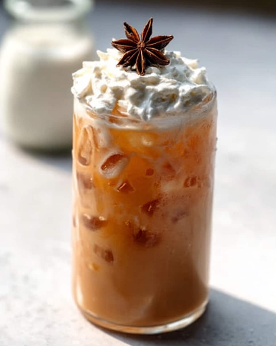 A clear glass filled with light brown iced tea, showing many ice cubes inside. The drink is topped with a thick layer of white whipped cream, decorated with a single dark brown star anise on top. The glass is placed on a white marbled surface with a blurred glass container with white cream in the background. The photo taken with an iphone --ar 4:5 --v 7