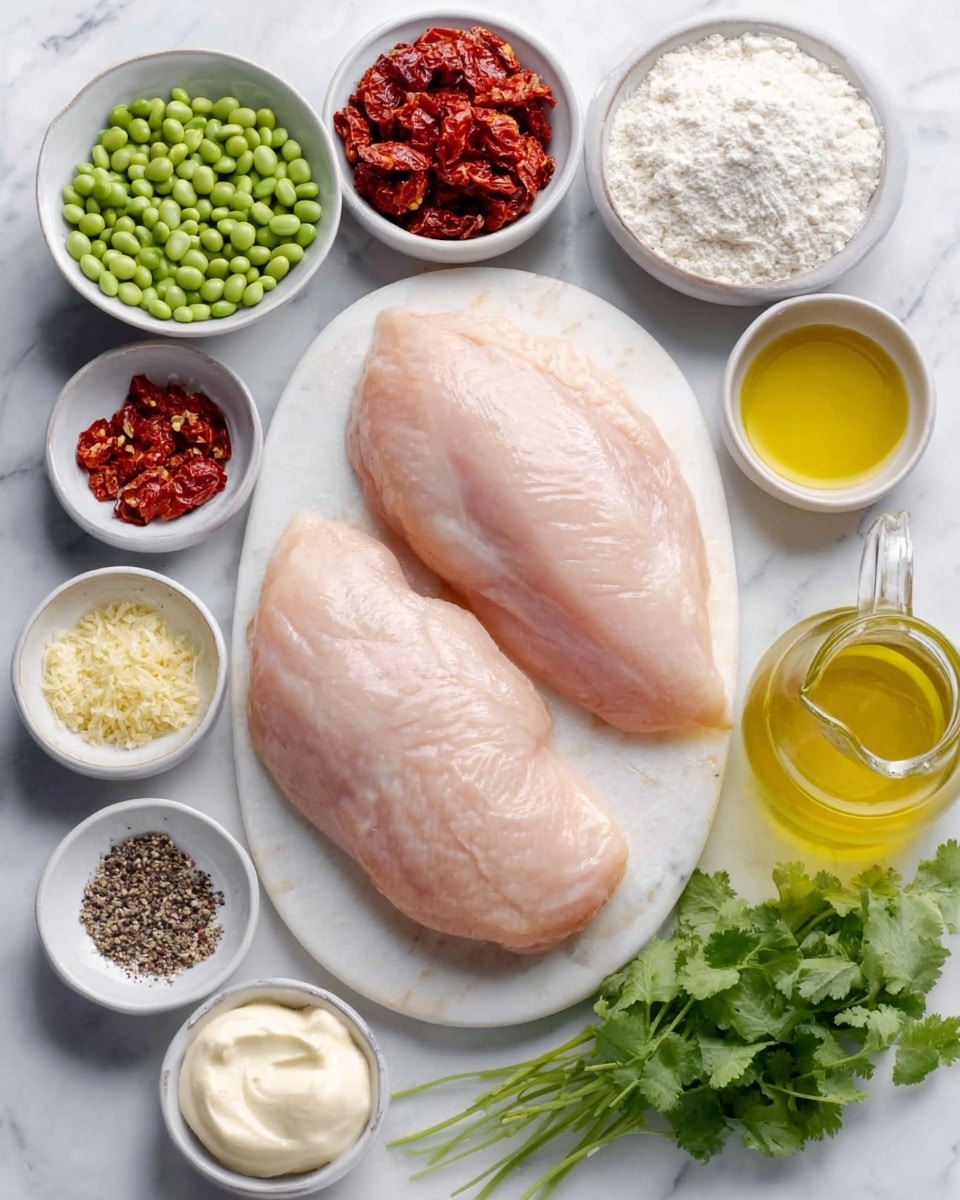 The image shows a white board with two raw chicken breasts at the center, pale pink in color and smooth in texture. Around the board are small white bowls filled with different ingredients: one with red sun-dried tomatoes, one with bright green edamame beans, one with white flour, one with yellow olive oil in a glass jug, and one with black pepper. There is also a small white bowl of creamy mayonnaise, a small pile of white garlic cloves to the side, and fresh green coriander leaves in front of the board. The whole scene is set on a white marbled surface. photo taken with an iphone --ar 4:5 --v 7