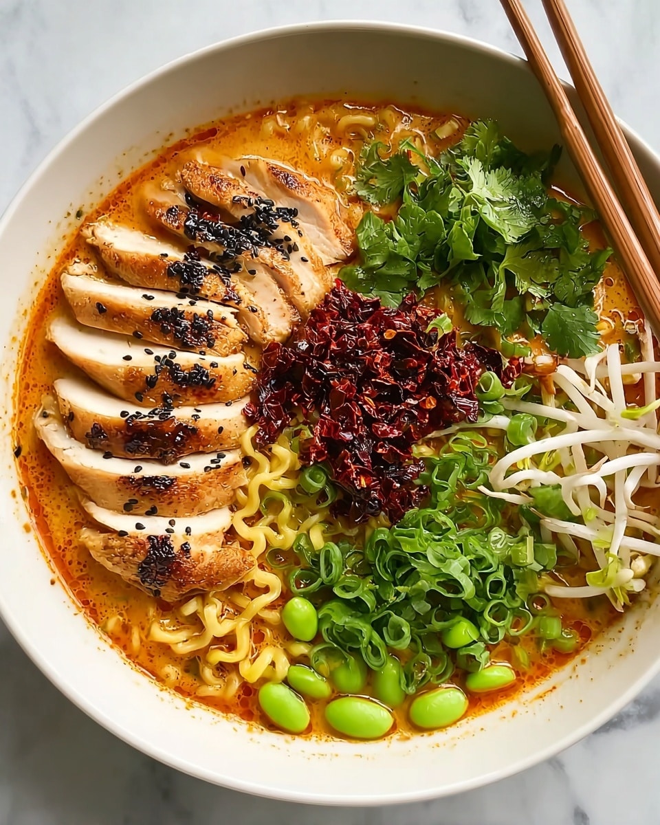 A white bowl holds a rich orange broth filled with curly yellow noodles at the base. On the left side, there are six slices of golden brown cooked chicken arranged in a fan shape with black sesame seeds sprinkled on top. In the middle, a pile of dark red crushed chili sits prominently. To its right, there are bright green sliced scallions and fresh green leafy herbs layered next to a cluster of white bean sprouts. Bright green edamame beans rest near the bottom left side. A pair of wooden chopsticks lie at the top right edge of the bowl. The bowl is set on a white marbled surface photo taken with an iphone --ar 4:5 --v 7
