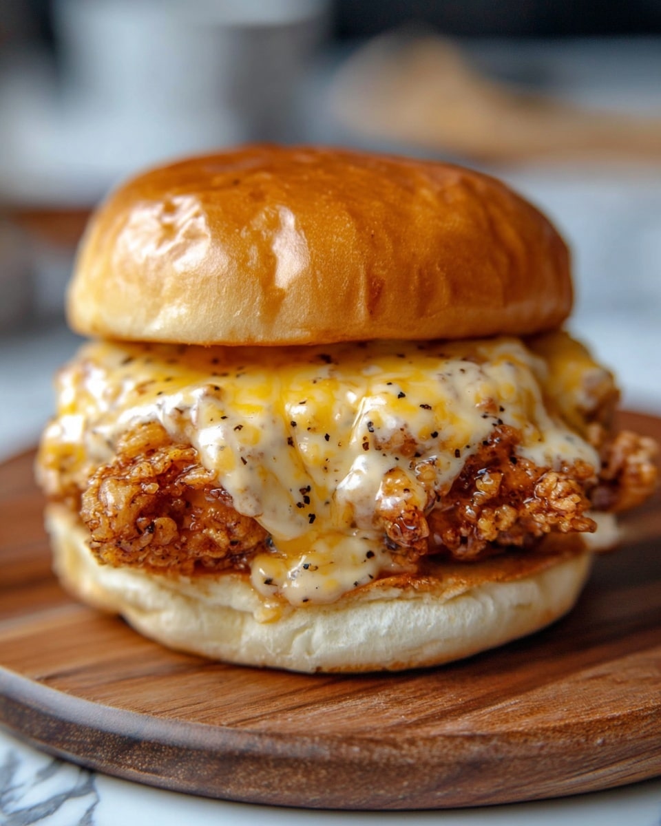 A close-up view of a soft, golden-brown sandwich bun with a shiny top layer. Inside, there is a thick layer of crispy fried chicken, covered with a creamy, light orange sauce that drips slightly over the edges, sprinkled with black pepper. The sandwich sits on a dark wooden board that contrasts with the light wood table below. The background shows a softly blurred white marbled texture with hints of kitchen elements. Photo taken with an iphone --ar 4:5 --v 7