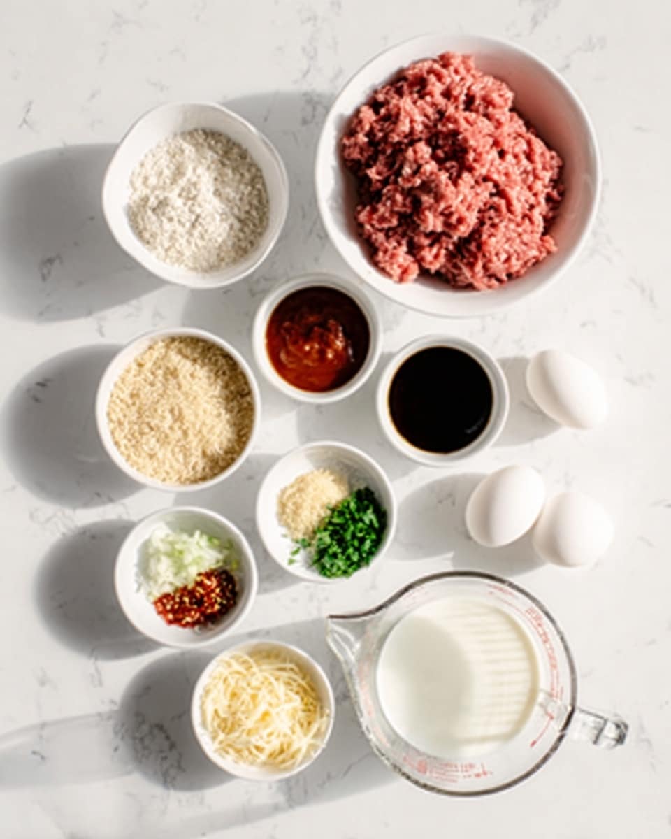 The image shows a white marbled surface with ingredients neatly arranged in white bowls and a clear measuring cup. At the top left, there is a white bowl filled with pink ground meat. Next to it on the right are three small white bowls containing a dark brown sauce, a red sauce, and black liquid. Below are more small white bowls with minced garlic, mixed spices including red pepper and green herbs, chopped white onion, chopped green herbs, and shredded cheese. At the bottom left is a white bowl filled with breadcrumbs, and on the right side of the image is a clear measuring cup filled with milk. Two white eggs are placed near the center right of the image. The lighting is bright and clean, and the items are evenly spaced on the white marbled background. photo taken with an iphone --ar 4:5 --v 7