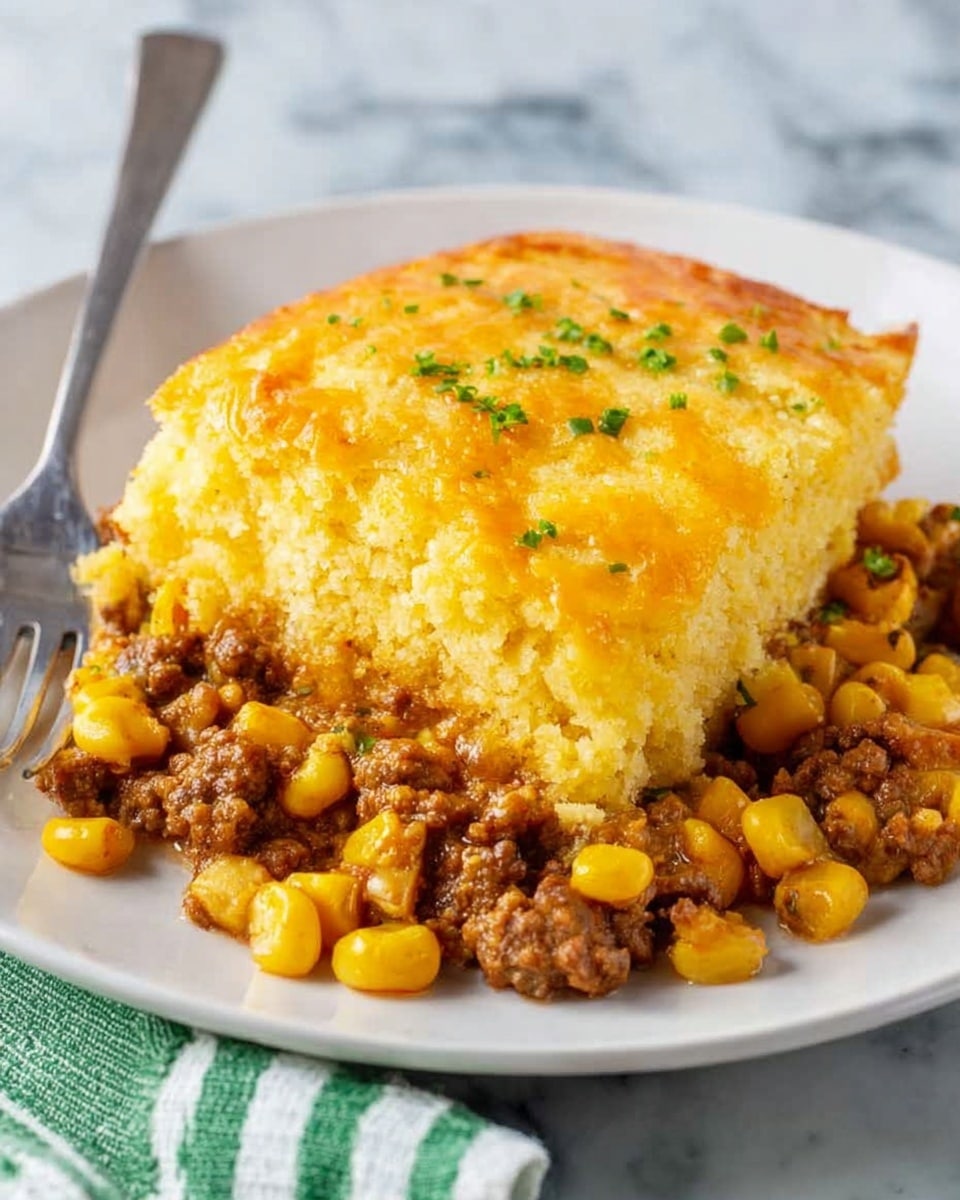 The dish shows a square piece of layered casserole on a white plate with a fork on the left side. The bottom layer is a mix of cooked ground meat and bright yellow corn, with some small diced vegetables visible, creating a chunky texture. The top layer is thick, golden-yellow baked cornbread with a slightly crispy surface and small green herb pieces scattered on top. The edges of the cornbread are soft and fluffy, contrasting with the packed, moist meat and corn layer below. The white plate rests on a white marbled surface with a green and white striped fabric blurred in the background. photo taken with an iphone --ar 4:5 --v 7