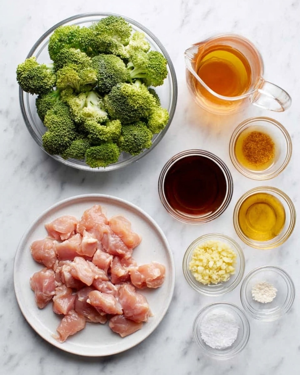 The image shows a white round plate in the center with small pieces of raw chicken that are light pink in color. To the top left of the plate is a glass bowl filled with bright green broccoli florets. Surrounding the plate and bowl are several small clear glass containers with different liquids and ingredients: there is a light brown liquid in a small pitcher at the top center, a dark brown liquid in a round container to the right, and three small round containers with amber, light yellow minced garlic, and white coarse salt arranged around the plate. The surface underneath is a white marbled texture. The photo was taken with an iphone --ar 4:5 --v 7