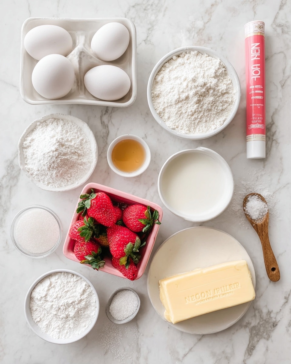 The image shows a white marbled surface with multiple white bowls and small dishes arranged in a loose circle. There are white eggs in a white container at the top left, a white bowl with white powder flour at the top right, and another white bowl with powdered sugar or a similar white powder at the bottom left. A small white dish with another white powder, likely baking powder or cornstarch, is near the bottom left. In the center is a small pink container filled with fresh strawberries with green leaves. A white bowl of milk is placed near the eggs, and a small white dish with a light brown liquid, honey or syrup, is beside it. A rectangular stick of unsalted butter with a yellow wrapper is near the bottom right, just above a white bowl with granulated sugar. A wooden spoon holding coarse salt or another white salt sits at the top right. A tube labeled
